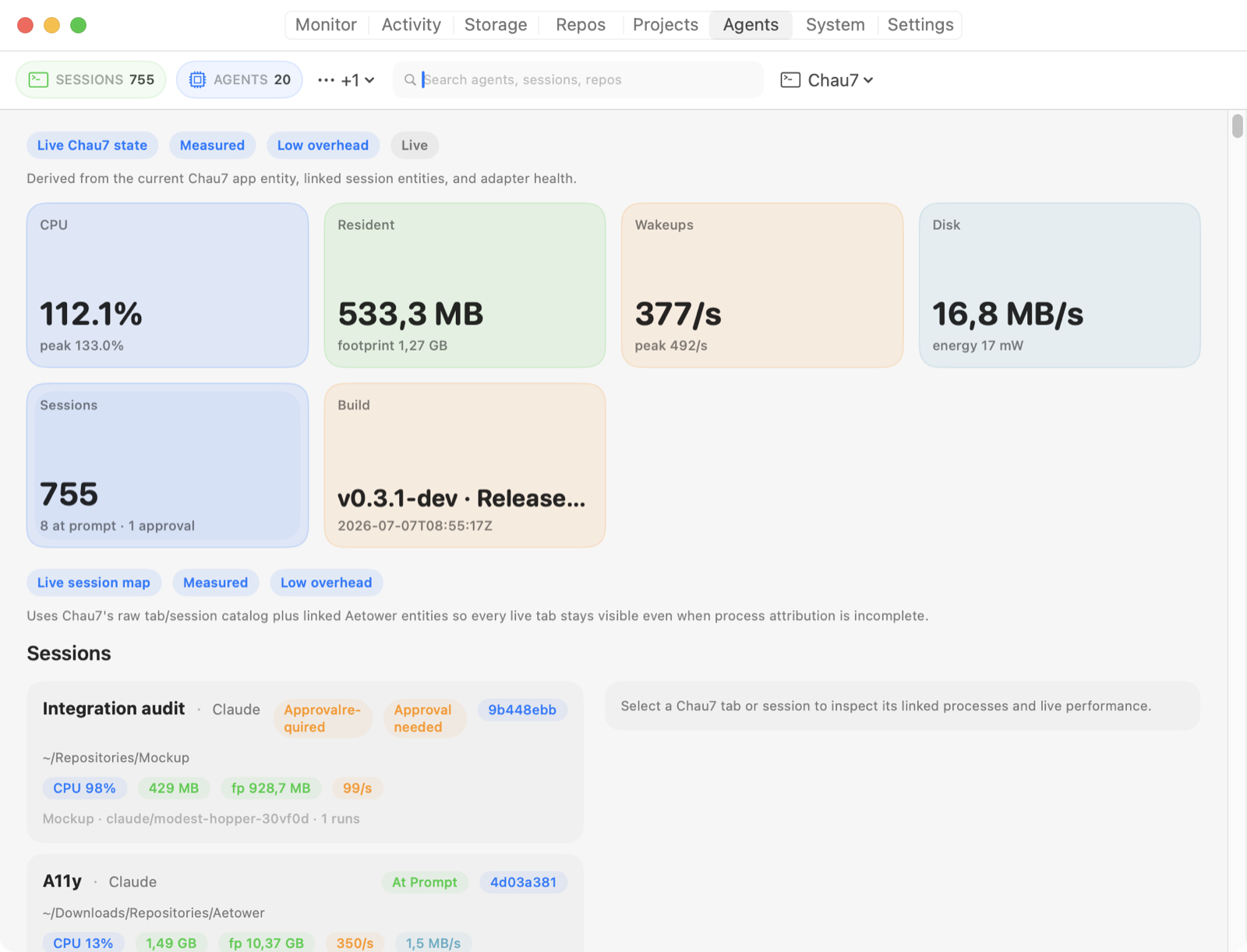 Aetower's Agents workspace: live CPU, memory, wakeups, and disk cards for the agent runtime, a session counter showing prompts and approvals, and per-session cards with repo, branch, and resource chips.